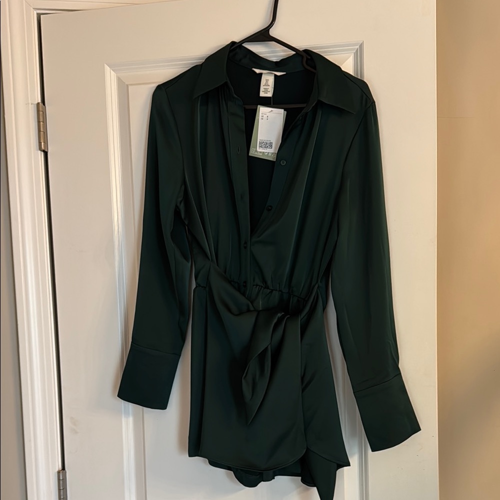 Dark Green Long Sleeve Blouse with Tie Waist